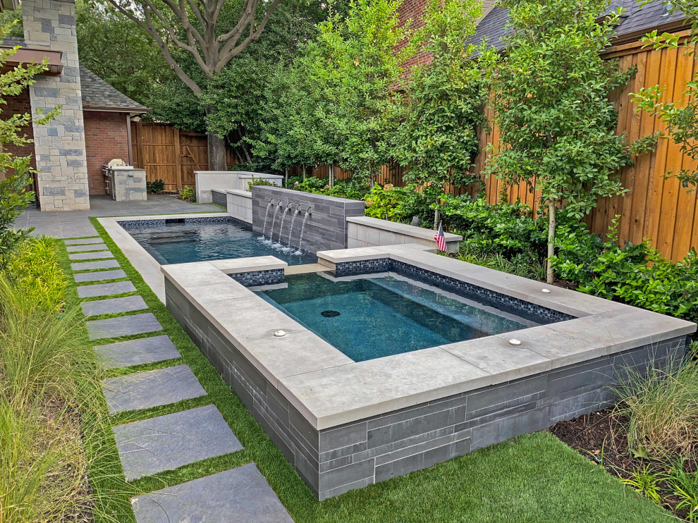 Inspiration for a small modern back swimming pool in Dallas with a bbq area.