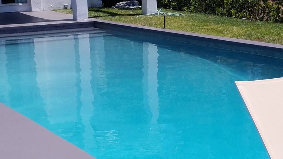 Ejemplo de piscina elevada minimalista de tamaño medio a medida en patio trasero con losas de hormigón