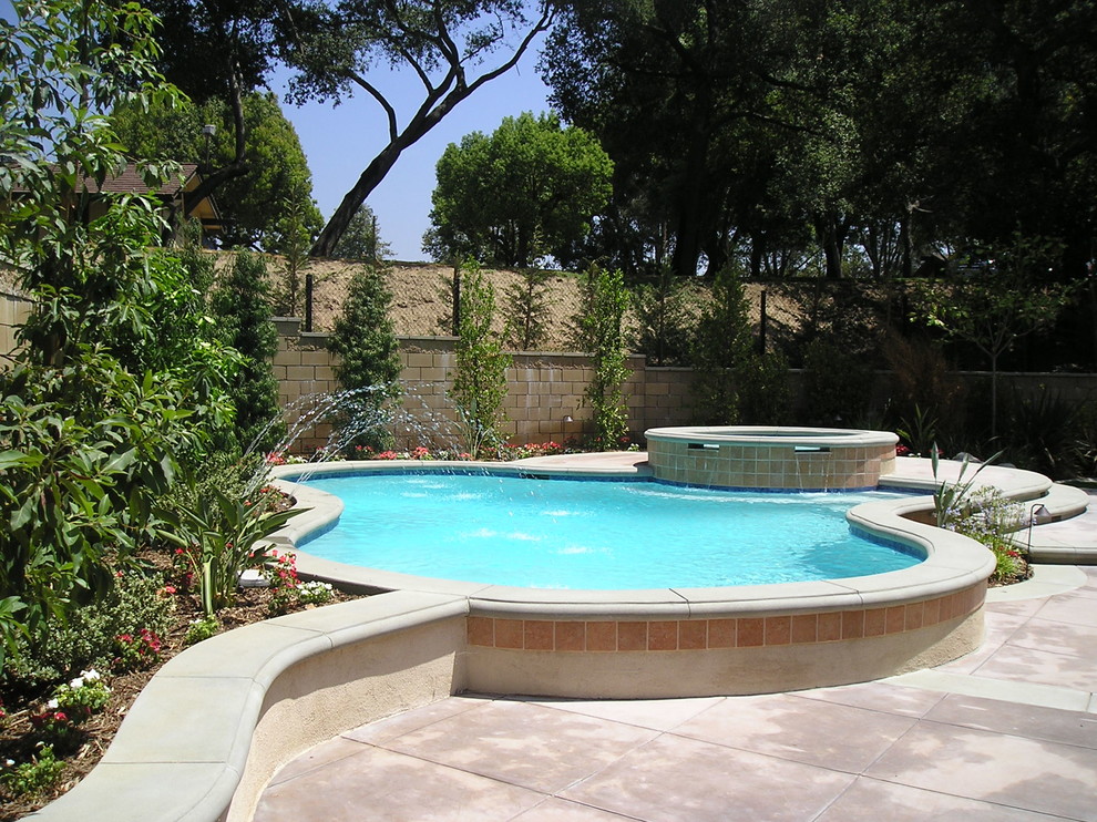 Foto di una grande piscina monocorsia classica personalizzata dietro casa con una vasca idromassaggio e pavimentazioni in pietra naturale