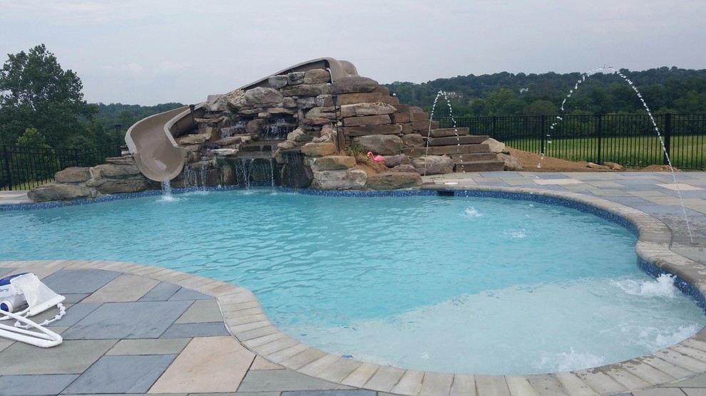 Photo of a medium sized back custom shaped swimming pool in DC Metro with a water feature and concrete paving.