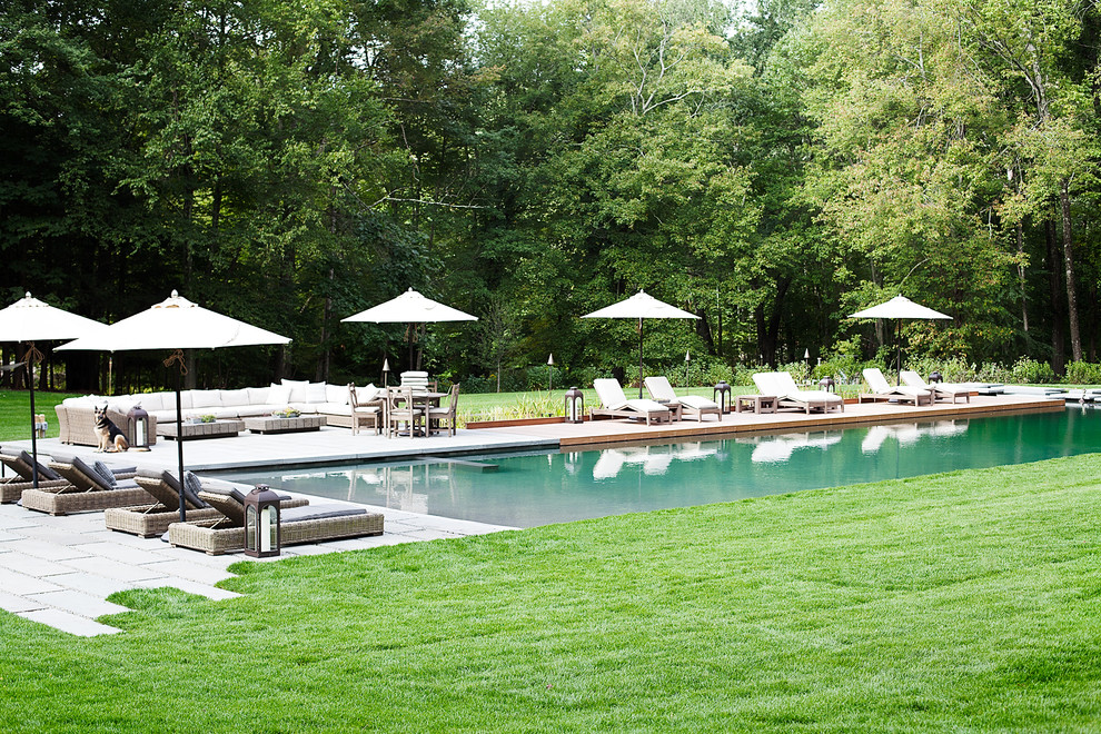 Esempio di una grande piscina naturale classica rettangolare dietro casa con fontane e pavimentazioni in pietra naturale