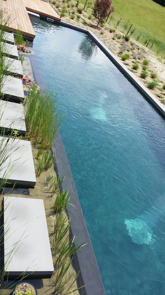 На фото: большой естественный, прямоугольный бассейн на заднем дворе в стиле кантри с покрытием из каменной брусчатки