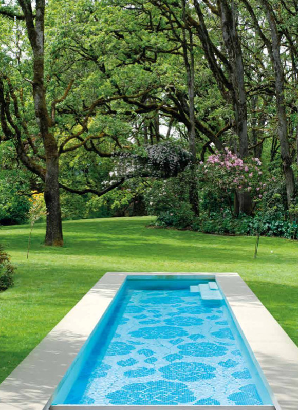 Esempio di una grande piscina monocorsia minimalista rettangolare dietro casa con piastrelle