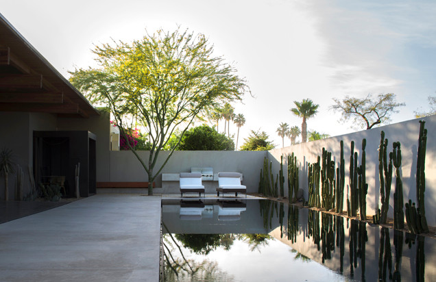 Large trendy backyard concrete and rectangular infinity hot tub photo in Phoenix