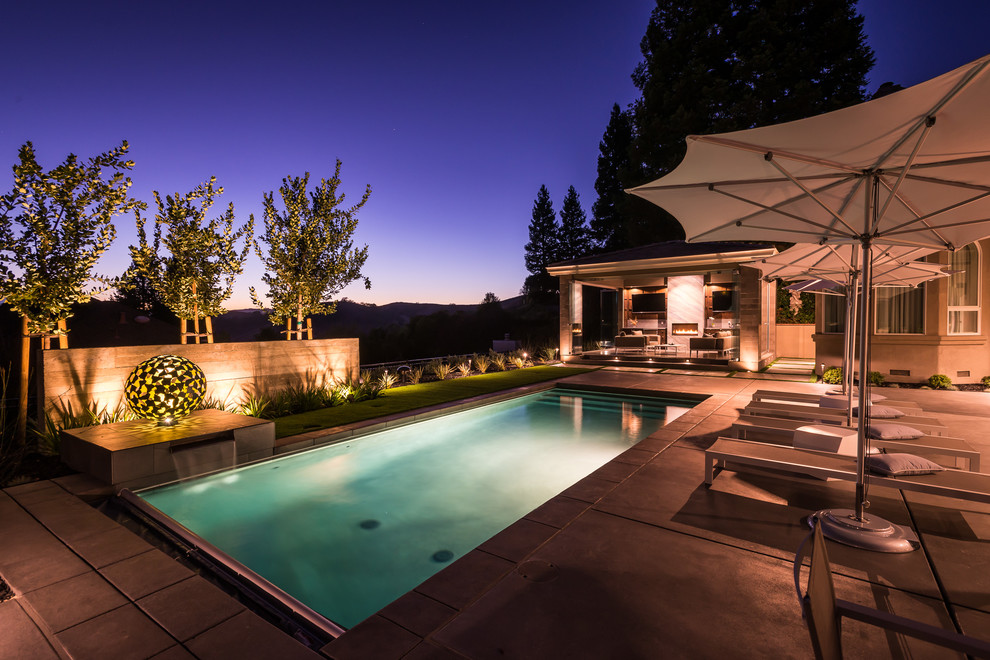 Ejemplo de casa de la piscina y piscina alargada actual de tamaño medio rectangular en patio trasero con losas de hormigón