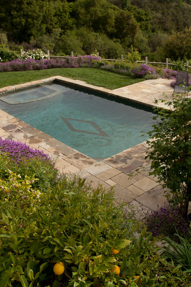 Ejemplo de piscina alargada clásica grande rectangular en patio trasero con adoquines de piedra natural