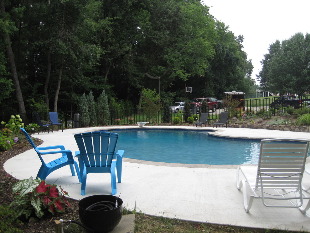 Foto di un'ampia piscina naturale stile marinaro personalizzata dietro casa con lastre di cemento
