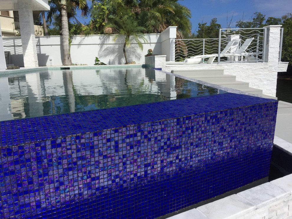 Ejemplo de piscina con fuente infinita actual de tamaño medio rectangular en patio trasero con suelo de baldosas