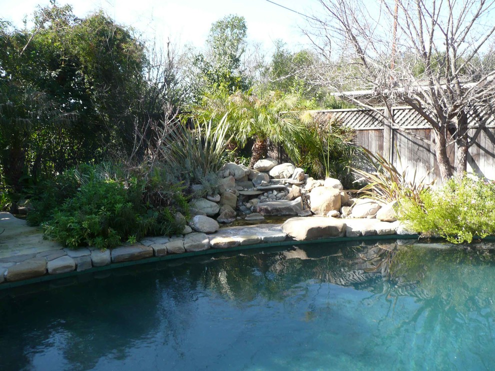 Esempio di una piscina naturale classica a "C" di medie dimensioni e dietro casa con fontane e pavimentazioni in pietra naturale