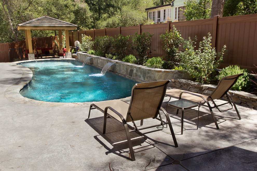 Mid-sized transitional backyard stone and custom-shaped natural pool fountain photo in Los Angeles