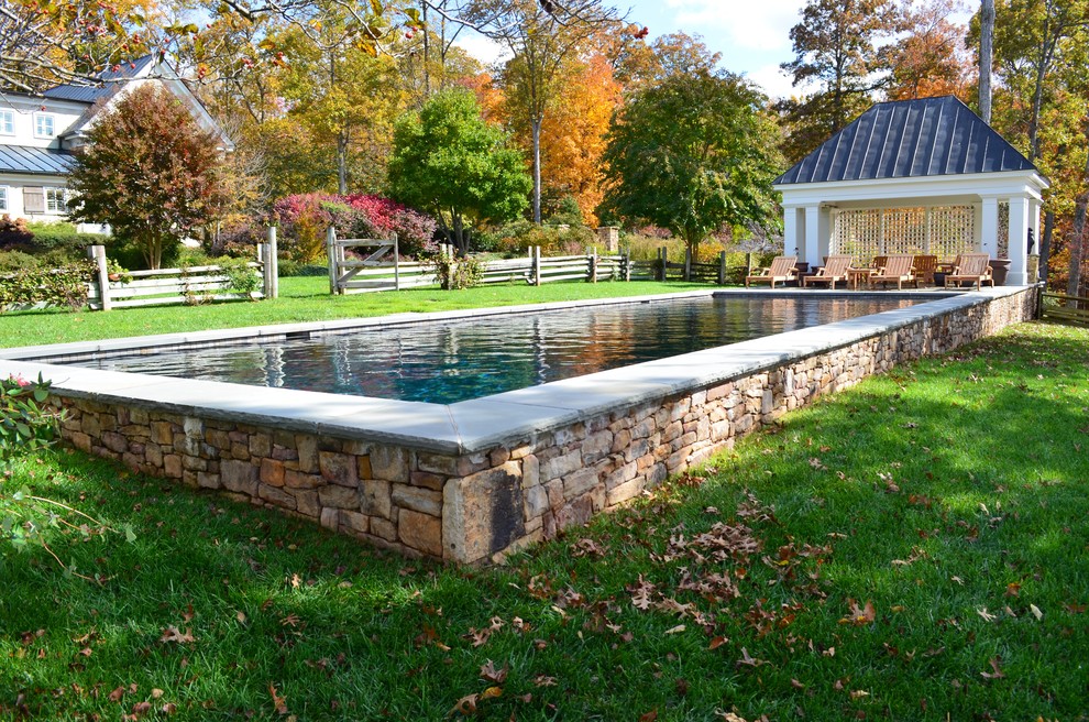 Imagen de casa de la piscina y piscina alargada campestre grande rectangular en patio trasero