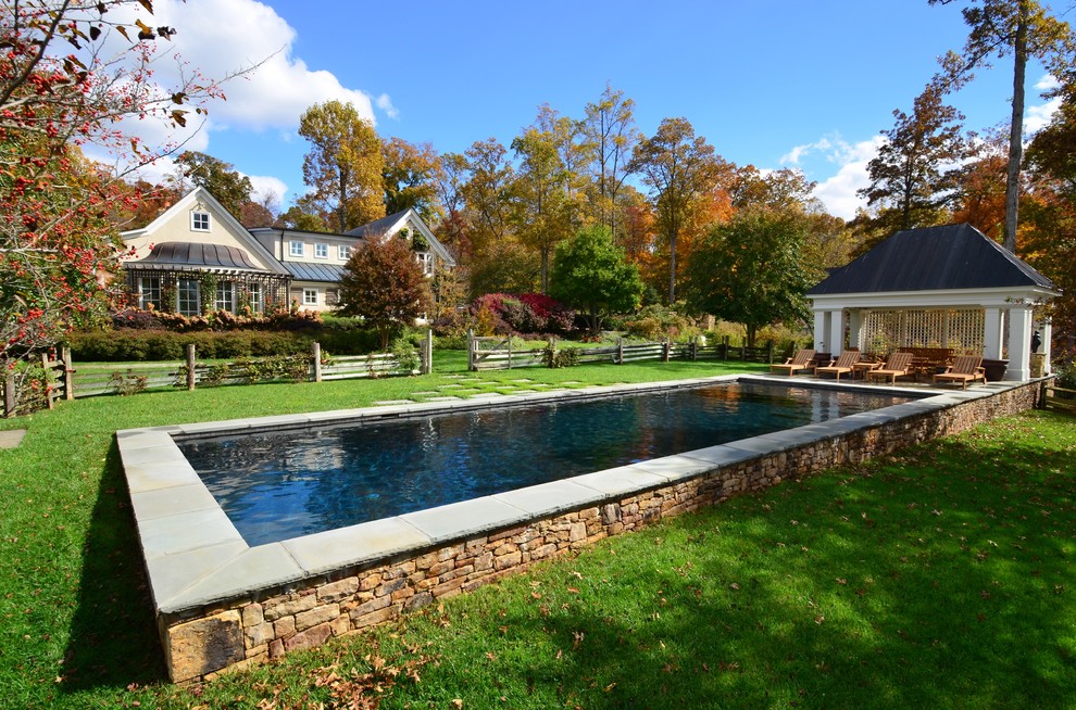 Idee per una grande piscina monocorsia classica rettangolare dietro casa con pavimentazioni in pietra naturale