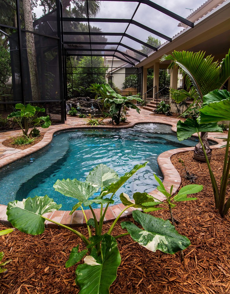 Aménagement d'une grande piscine naturelle et arrière exotique sur mesure avec un point d'eau et des pavés en brique.