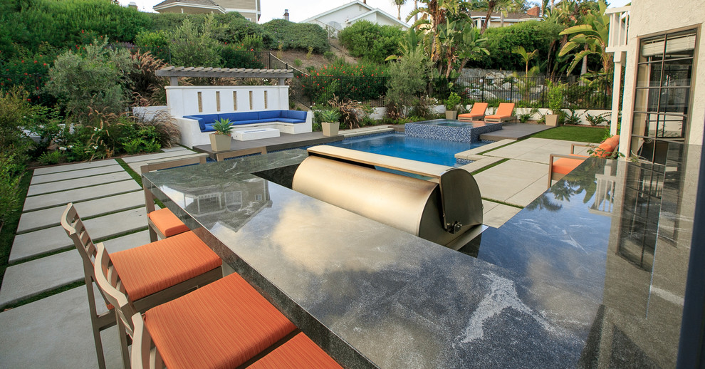 Inspiration for a mid-sized contemporary backyard tile and rectangular natural pool fountain remodel in San Diego