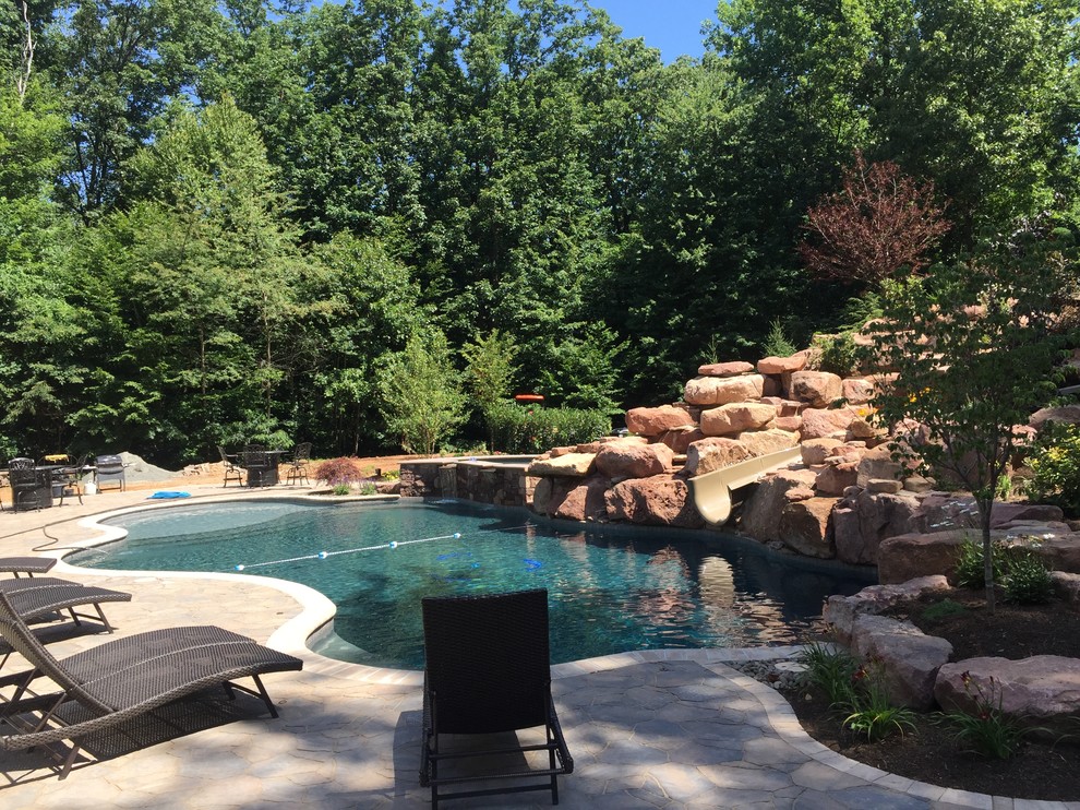 Photo of a traditional back custom shaped natural swimming pool in Philadelphia with a water slide and concrete paving.