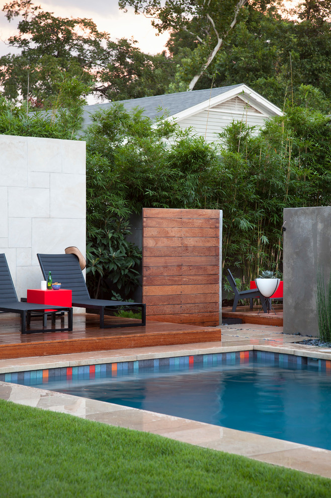 Пример оригинального дизайна: прямоугольный бассейн на заднем дворе в стиле неоклассика (современная классика)