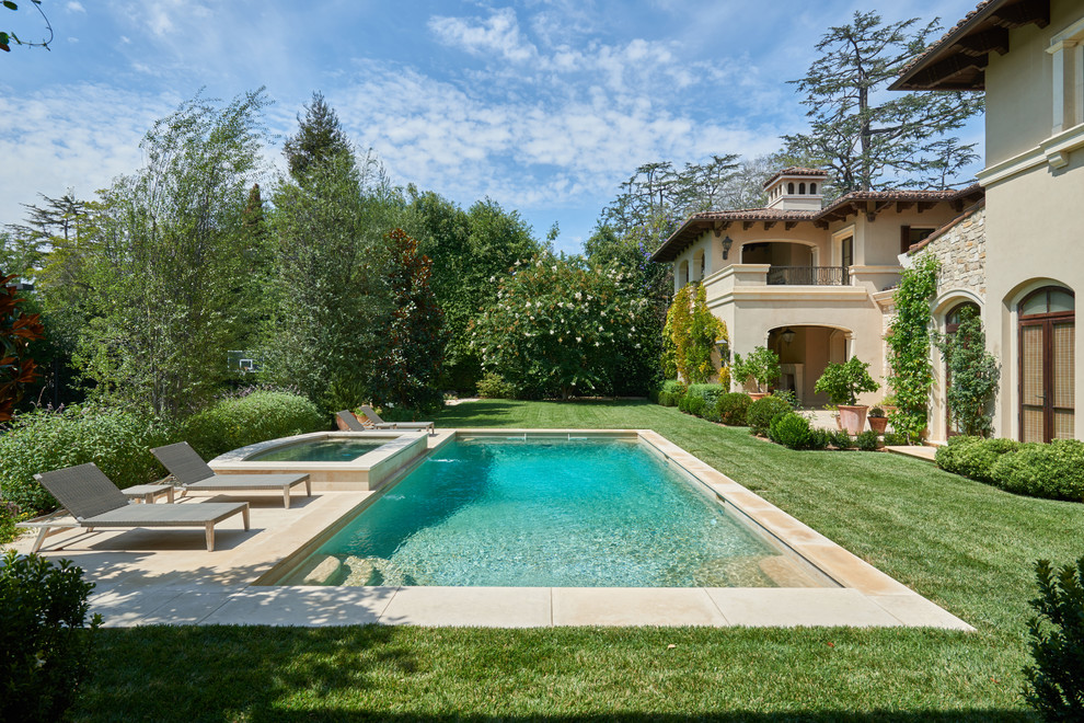 Diseño de piscinas y jacuzzis alargados tradicionales renovados extra grandes rectangulares en patio trasero
