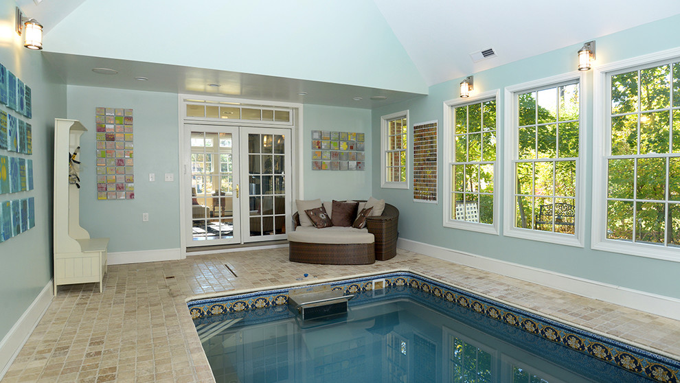 Design ideas for a medium sized classic indoor rectangular lengths swimming pool in Boston with a pool house and tiled flooring.