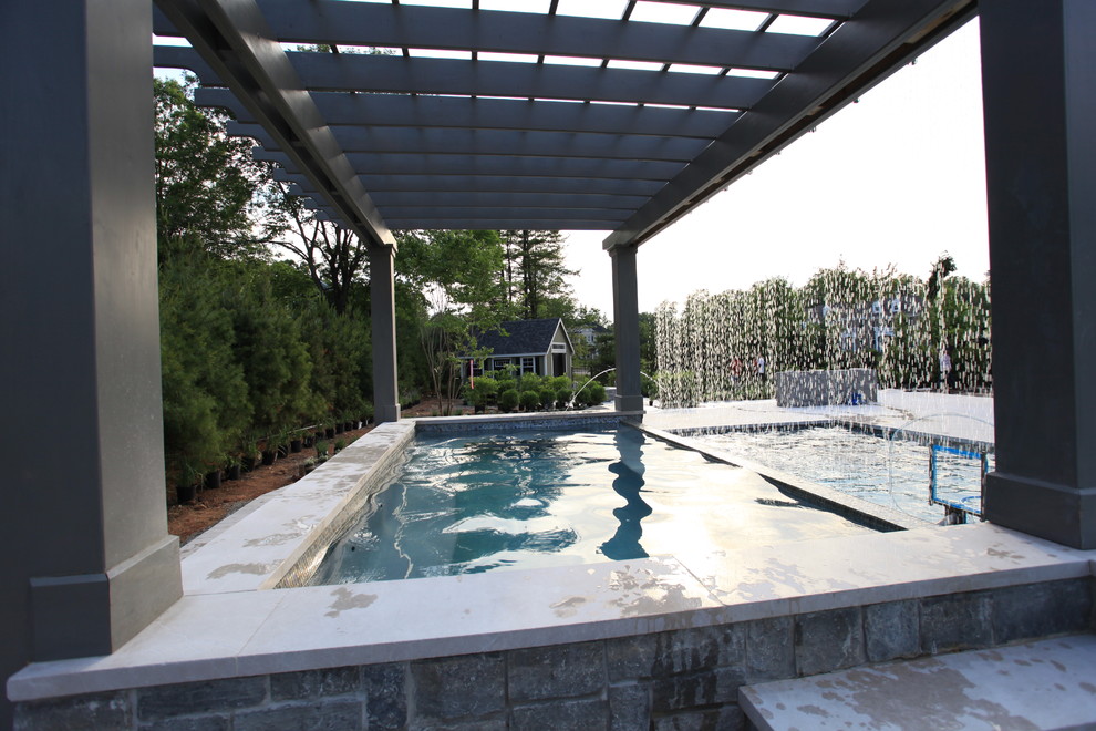 Diseño de piscinas y jacuzzis alargados tradicionales renovados grandes rectangulares en patio trasero con suelo de baldosas