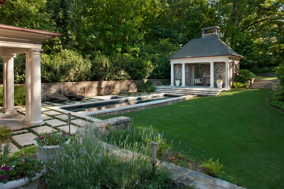 Inspiration for a classic lengths swimming pool in Atlanta with a pool house.