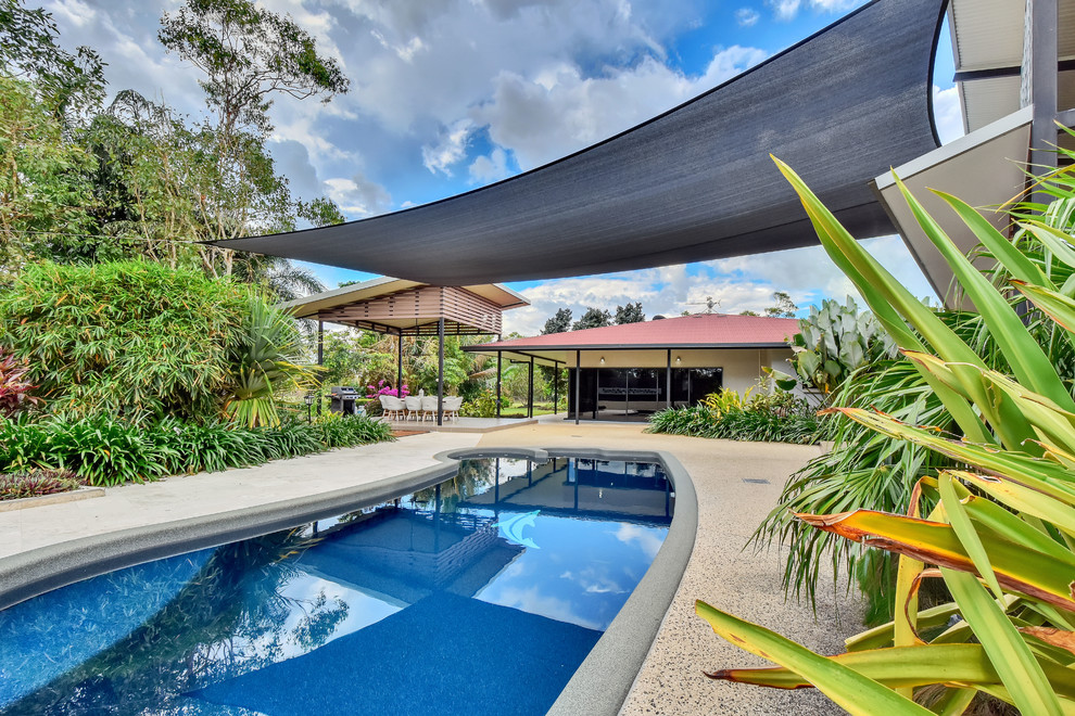 Diseño de piscina actual grande a medida en patio trasero con adoquines de piedra natural