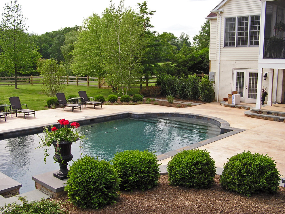 Immagine di una grande piscina chic personalizzata dietro casa con fontane e pavimentazioni in pietra naturale