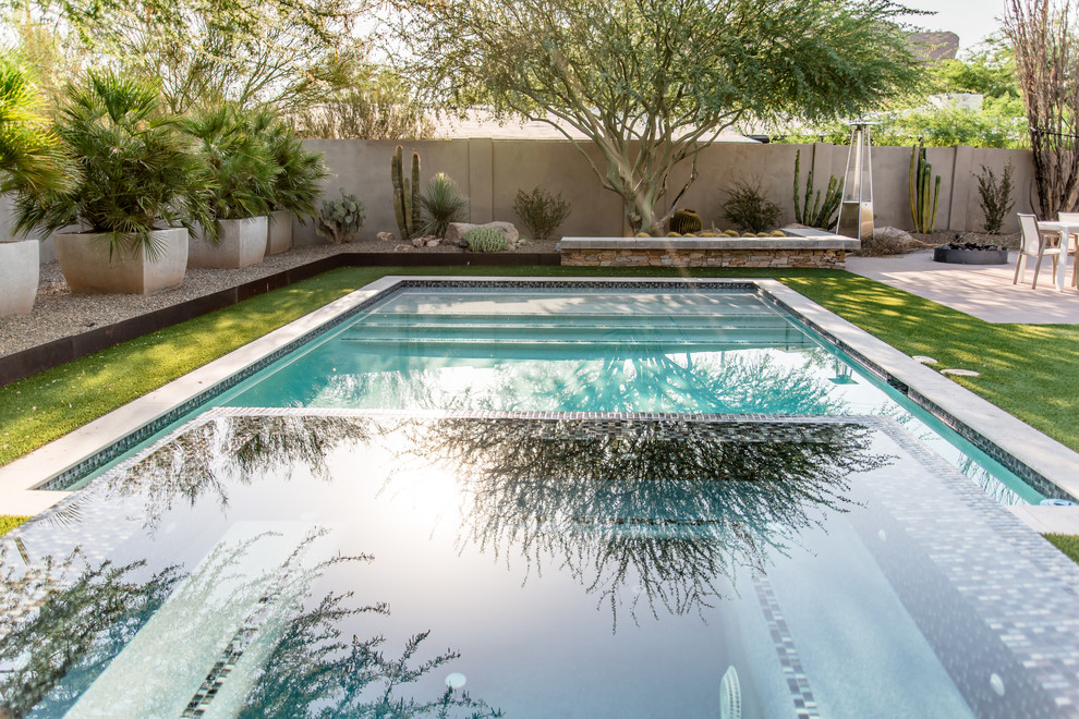 Стильный дизайн: прямоугольный бассейн среднего размера на заднем дворе в стиле модернизм с джакузи и покрытием из каменной брусчатки - последний тренд