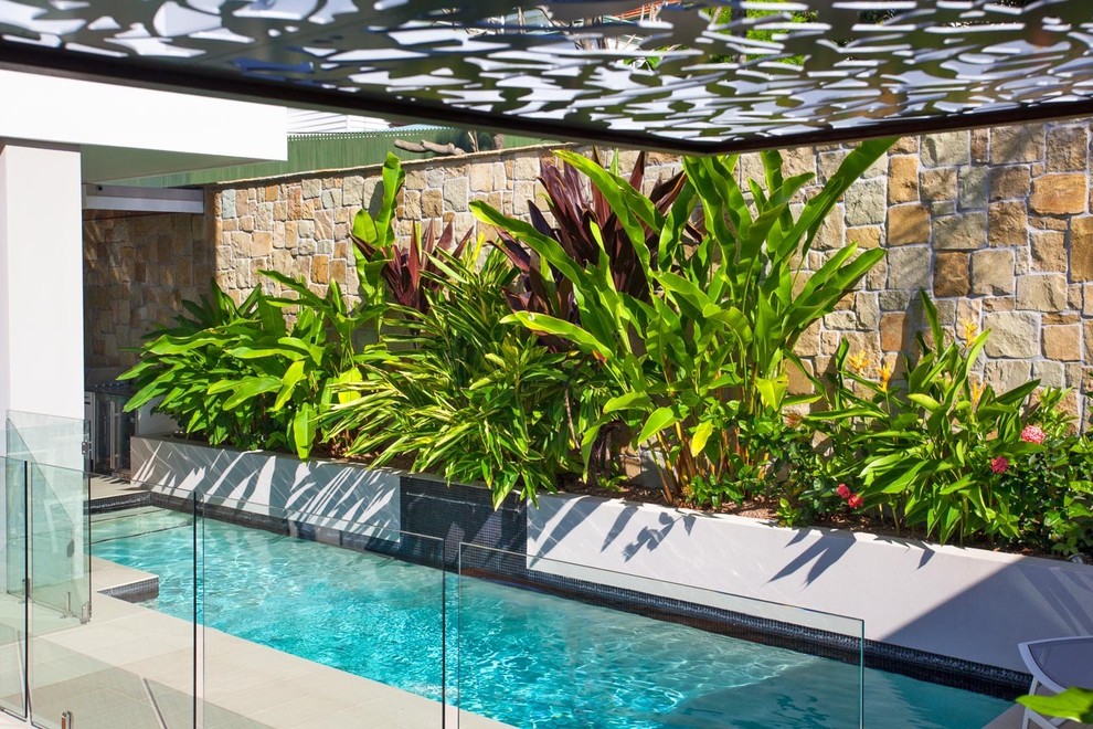 Ejemplo de piscina con fuente alargada moderna pequeña rectangular en patio trasero con suelo de baldosas