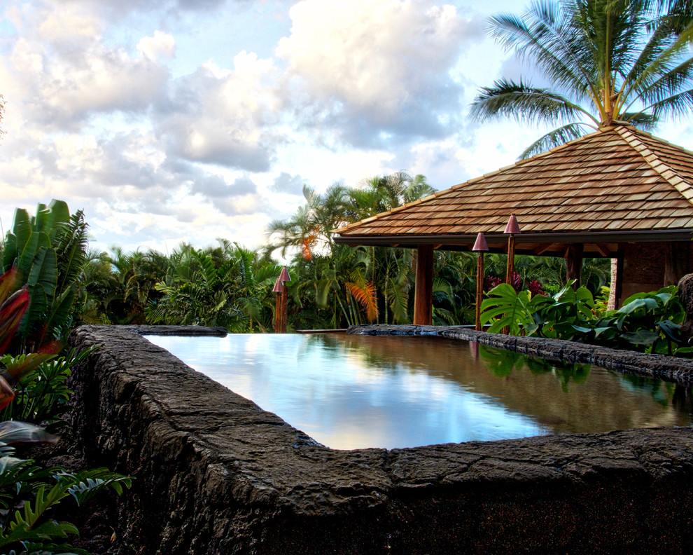 Foto di una grande piscina fuori terra tropicale rettangolare dietro casa con una dépendance a bordo piscina