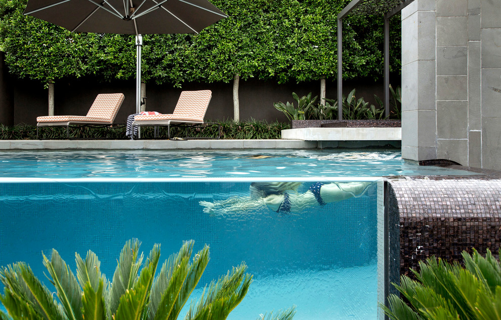 Modelo de piscina infinita contemporánea en patio delantero con losas de hormigón