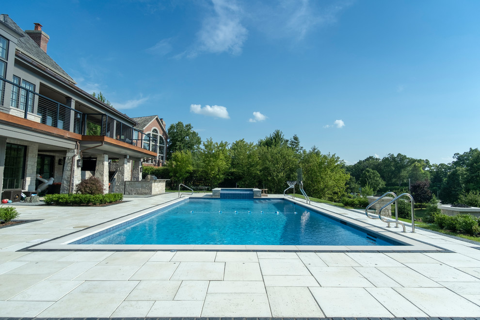 Burr Ridge Lap Pool with Raised Hot Tub and Waterfall Traditional