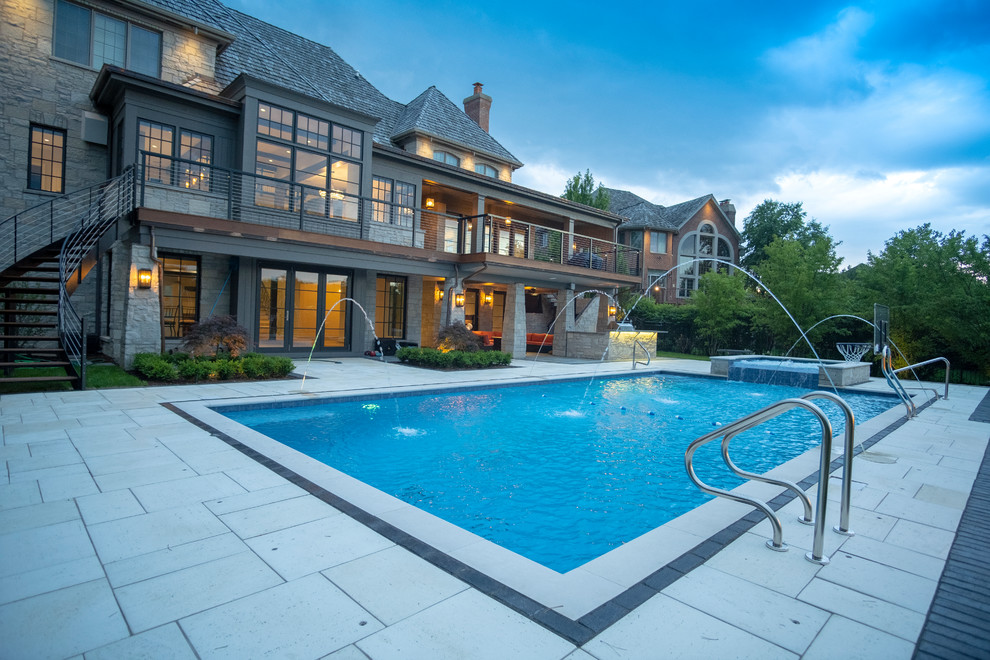 Burr Ridge Lap Pool with Raised Hot Tub and Waterfall Classico