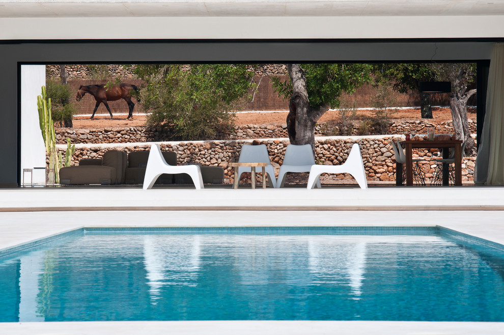 Imagen de piscina alargada minimalista grande rectangular en patio con losas de hormigón