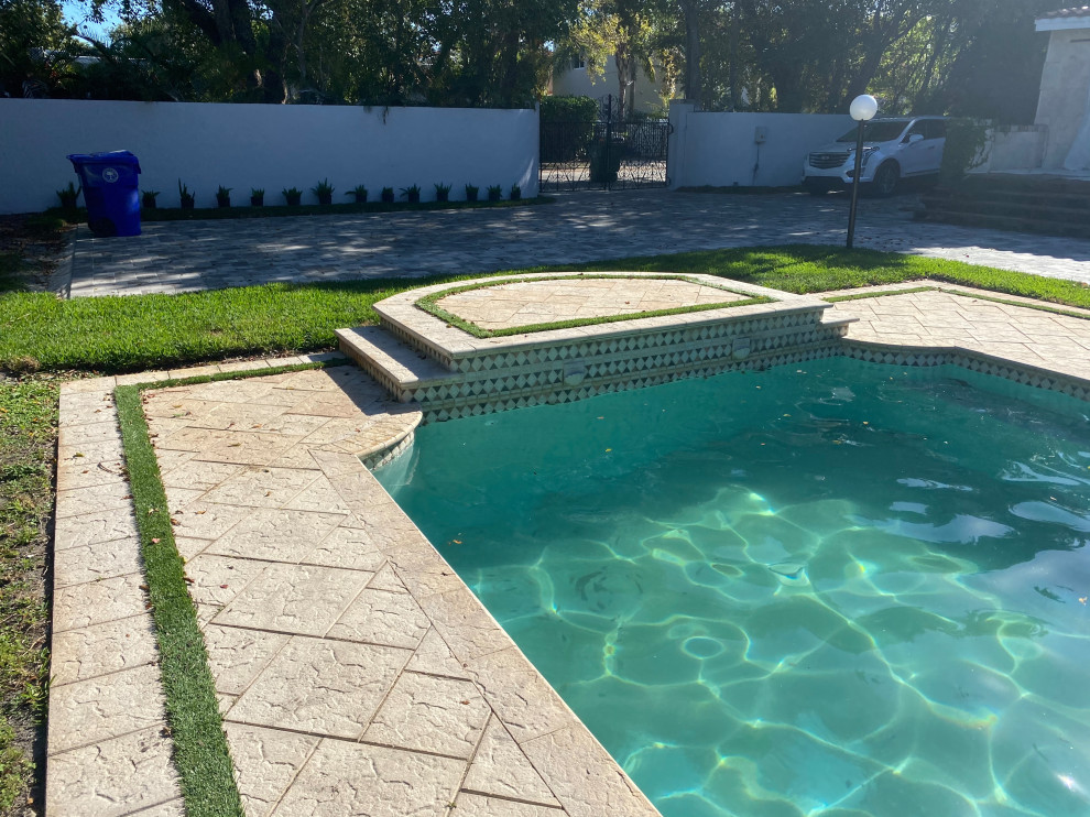 Large modern courtyard custom shaped natural swimming pool in Miami with concrete paving.