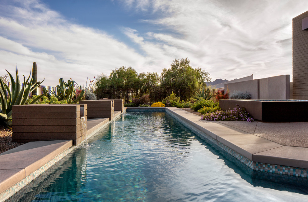 Стильный дизайн: маленький естественный бассейн произвольной формы на заднем дворе в стиле модернизм с фонтаном и покрытием из гранитной крошки для на участке и в саду - последний тренд