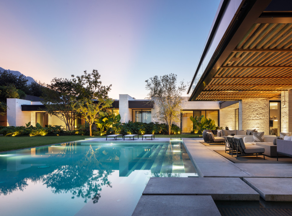 Источник вдохновения для домашнего уюта: огромный бассейн произвольной формы на заднем дворе в современном стиле с покрытием из бетонных плит