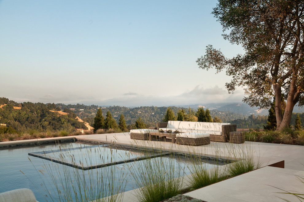 Immagine di una grande piscina monocorsia design rettangolare dietro casa con pavimentazioni in pietra naturale