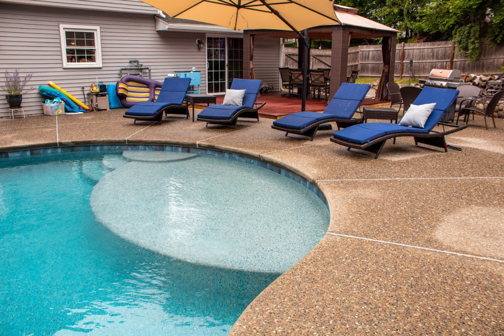 Modelo de piscina natural de tamaño medio tipo riñón en patio trasero con entablado