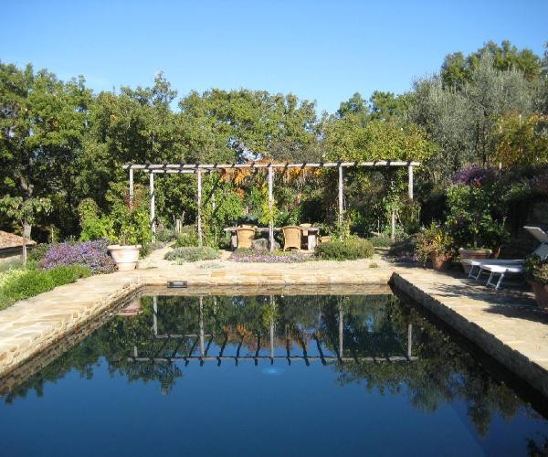 Exemple d'une piscine arrière méditerranéenne de taille moyenne et rectangle avec des pavés en pierre naturelle.