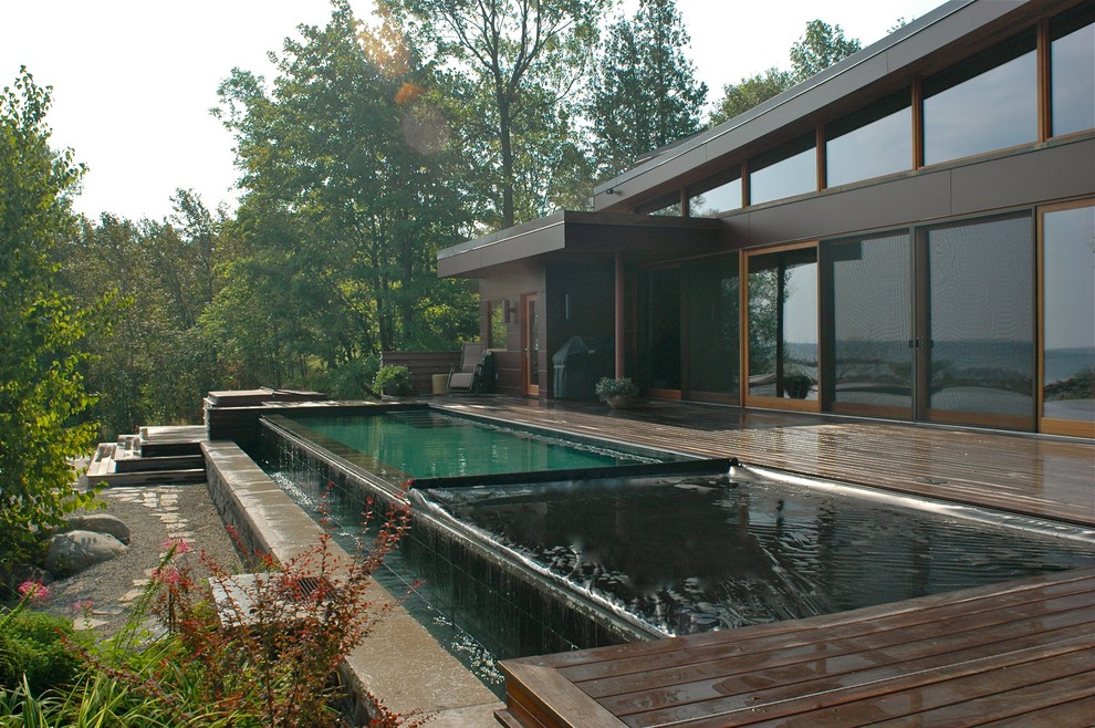 Modelo de piscina alargada contemporánea grande rectangular en patio trasero con entablado