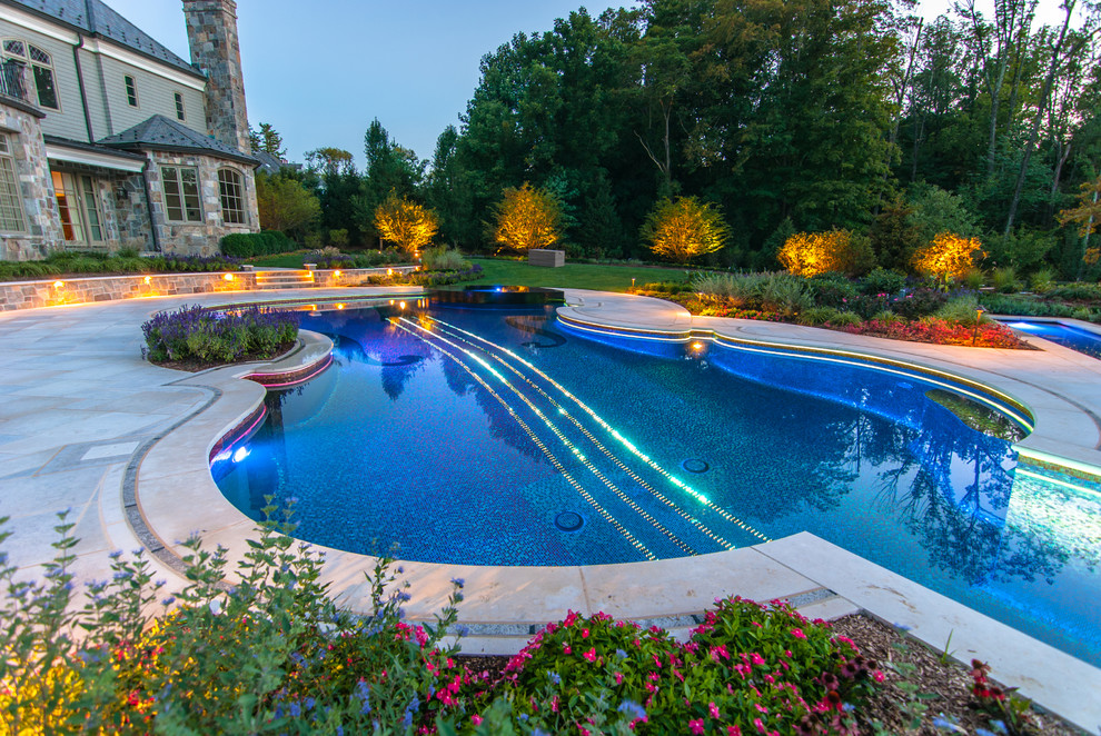 Modelo de piscinas y jacuzzis alargados contemporáneos grandes a medida en patio trasero