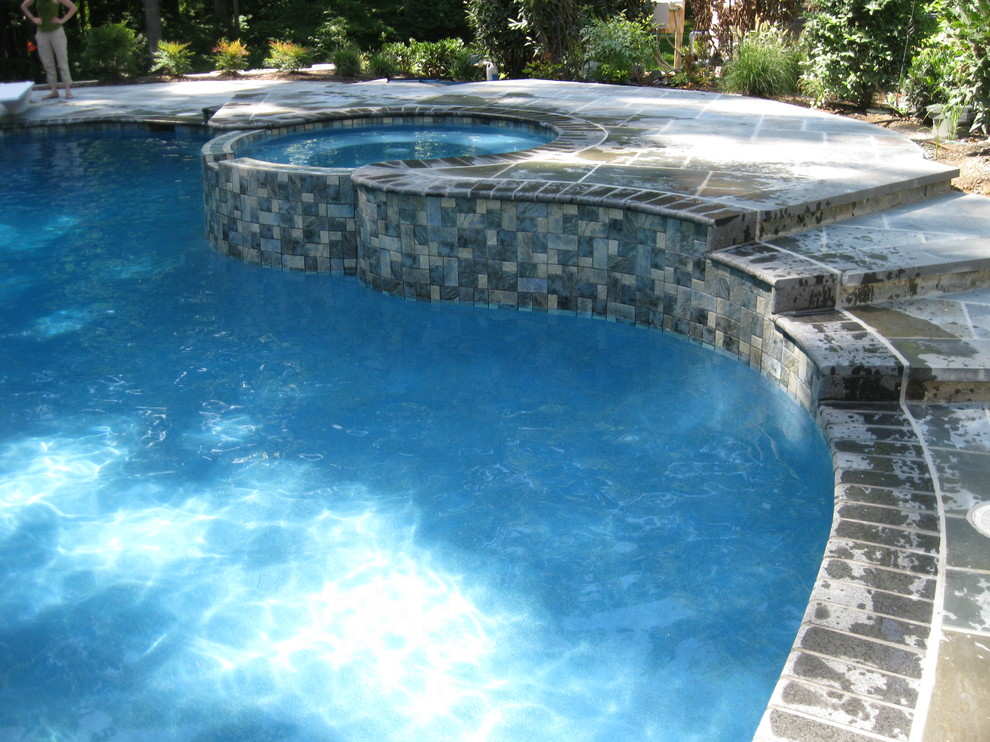 Пример оригинального дизайна: бассейн произвольной формы на заднем дворе в современном стиле