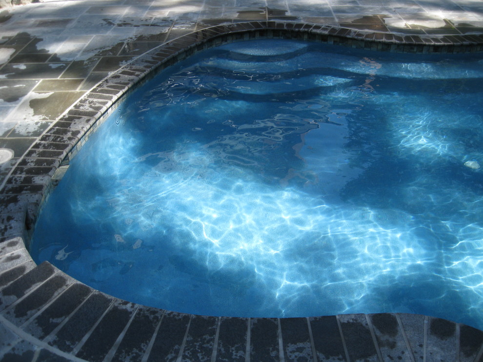 Modern inredning av en anpassad pool på baksidan av huset