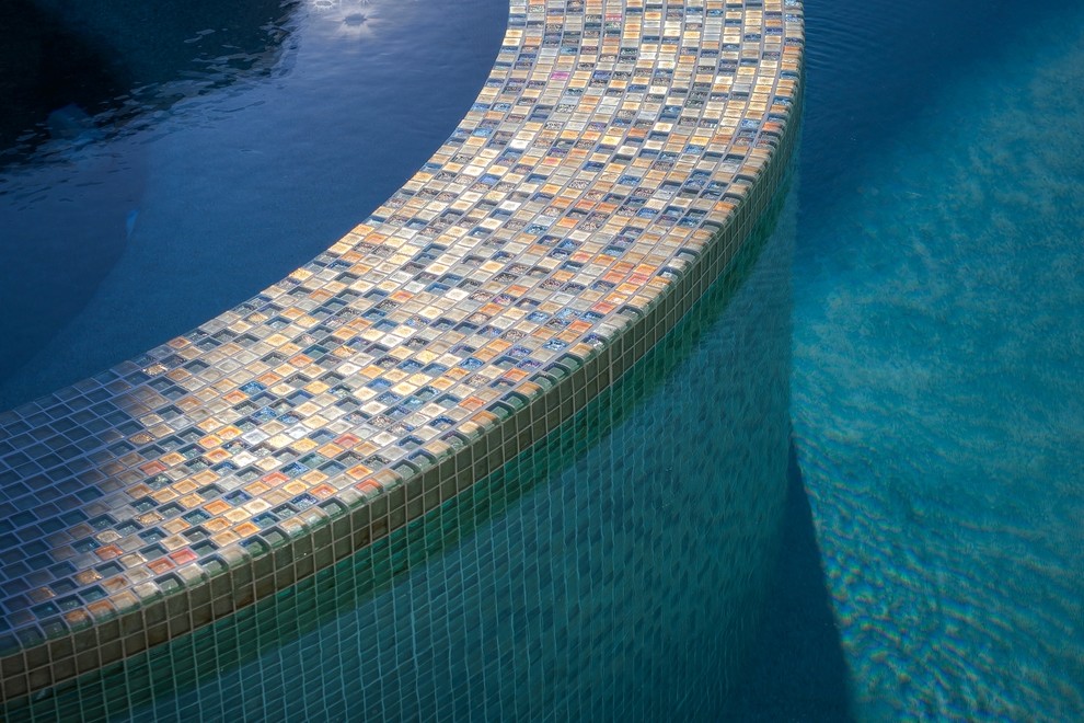 Свежая идея для дизайна: огромный бассейн произвольной формы на заднем дворе в современном стиле с джакузи и покрытием из декоративного бетона - отличное фото интерьера