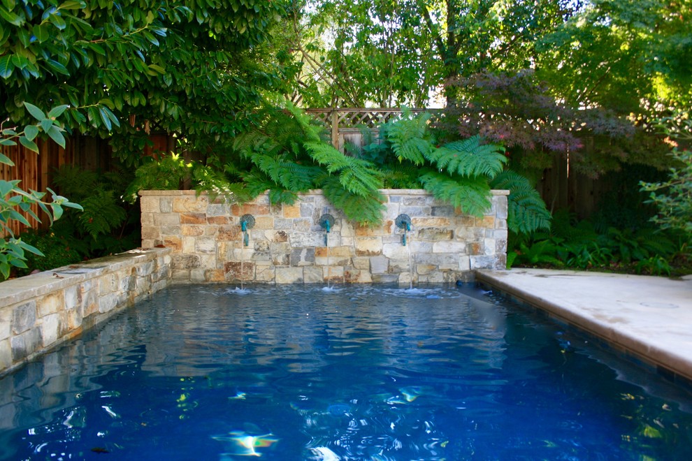 Diseño de piscina con fuente alargada clásica renovada pequeña rectangular en patio trasero