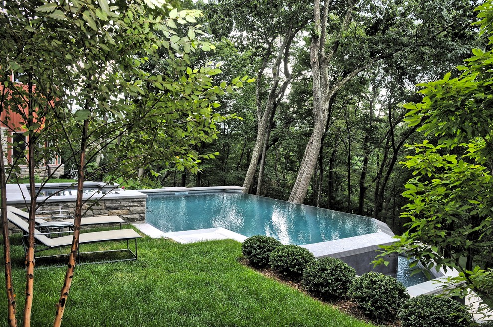Пример оригинального дизайна: маленький прямоугольный бассейн-инфинити на заднем дворе в современном стиле с фонтаном для на участке и в саду