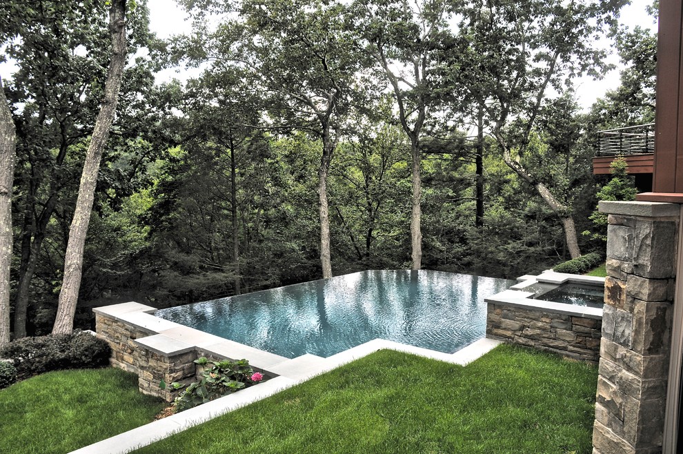Esempio di una piccola piscina a sfioro infinito minimal rettangolare dietro casa con fontane
