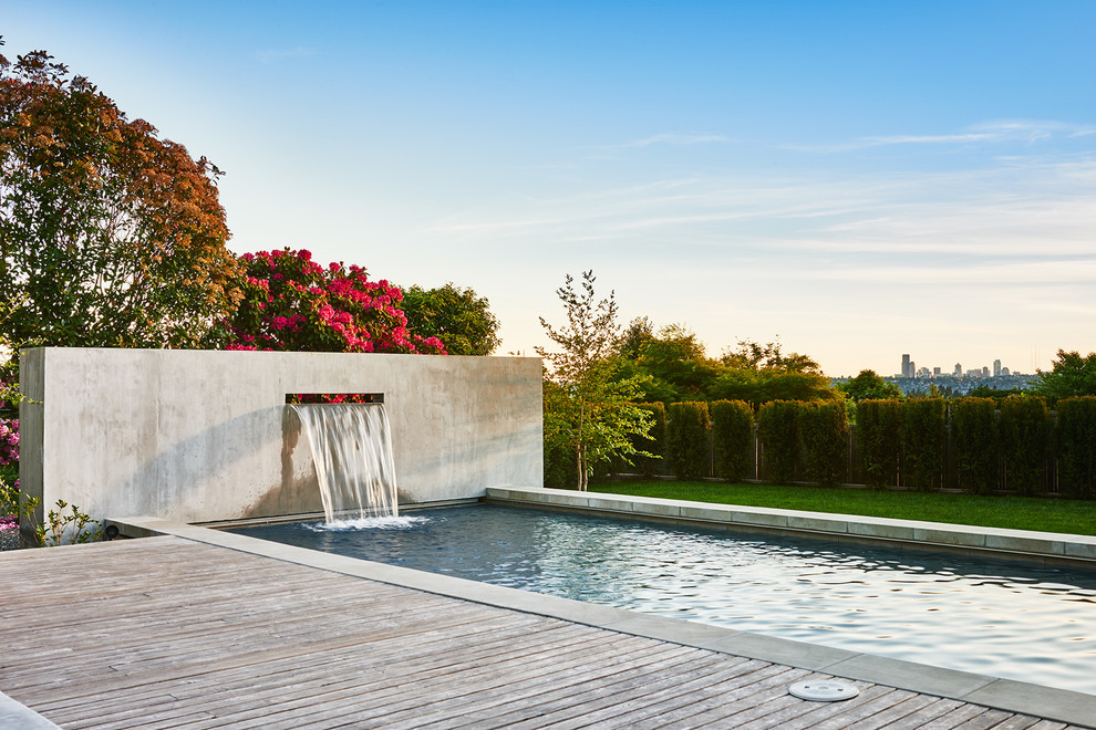 Foto di una grande piscina monocorsia minimalista rettangolare dietro casa con fontane e pedane