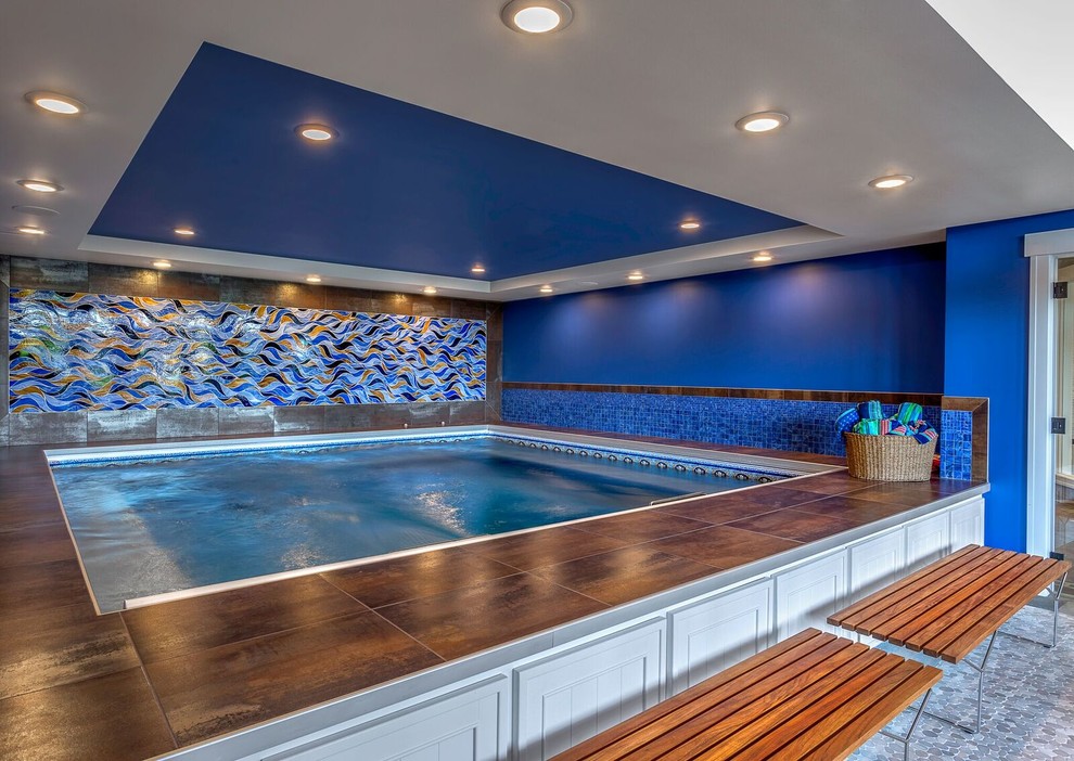 Inspiration for a mid-sized mediterranean indoor tile and rectangular aboveground pool house remodel in Detroit