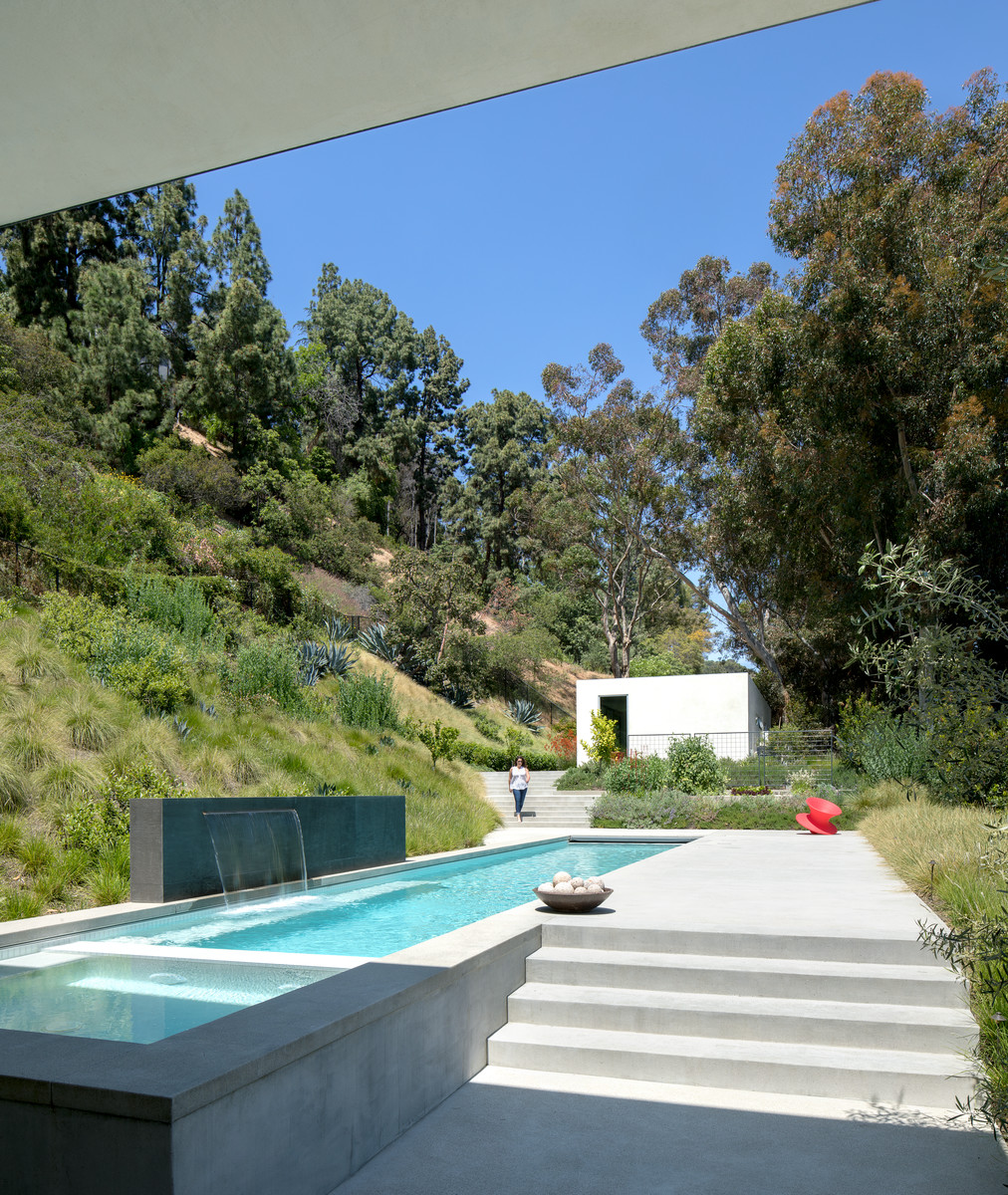 Esempio di una piccola piscina monocorsia minimalista rettangolare dietro casa con una dépendance a bordo piscina e lastre di cemento